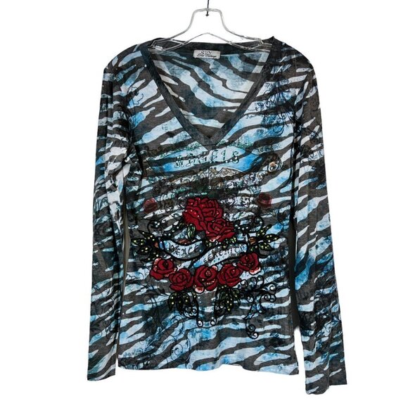 Floral Angels Y2K Top T-Shirt Burnout Embroidered Bling Medium - Picture 1 of 8